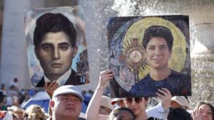 Pictures of Pier Giorgio Frassati and Carlo Acutis on the day of their cannonisation 7th September 2025